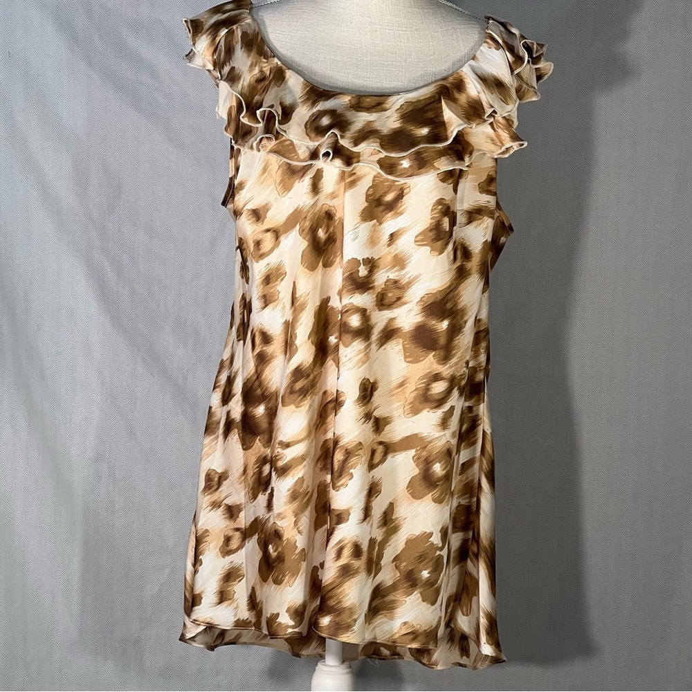 Sioni Brown & Cream Tunic Top Sleeveless Boat Neck with Ruffle Plus Size 1X 👍